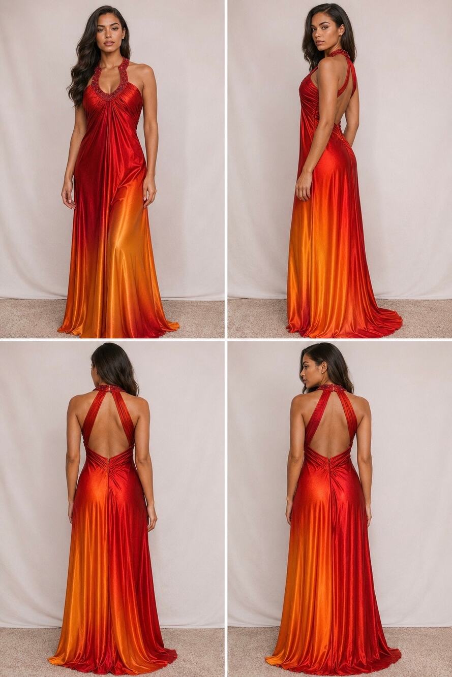 Xscape Joanna Chen Red Orange Ombre Beaded Halter Open Back Maxi Formal Gown Sz4
